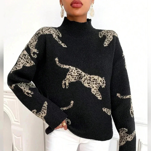 Sweaters - Leopard Pattern High Neck Drop Shoulder Sweater